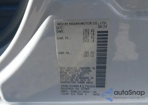 2024 Nissan Altima Sr Fwd из США, поврежденный, VIN 1N4BL4CV6RN417000